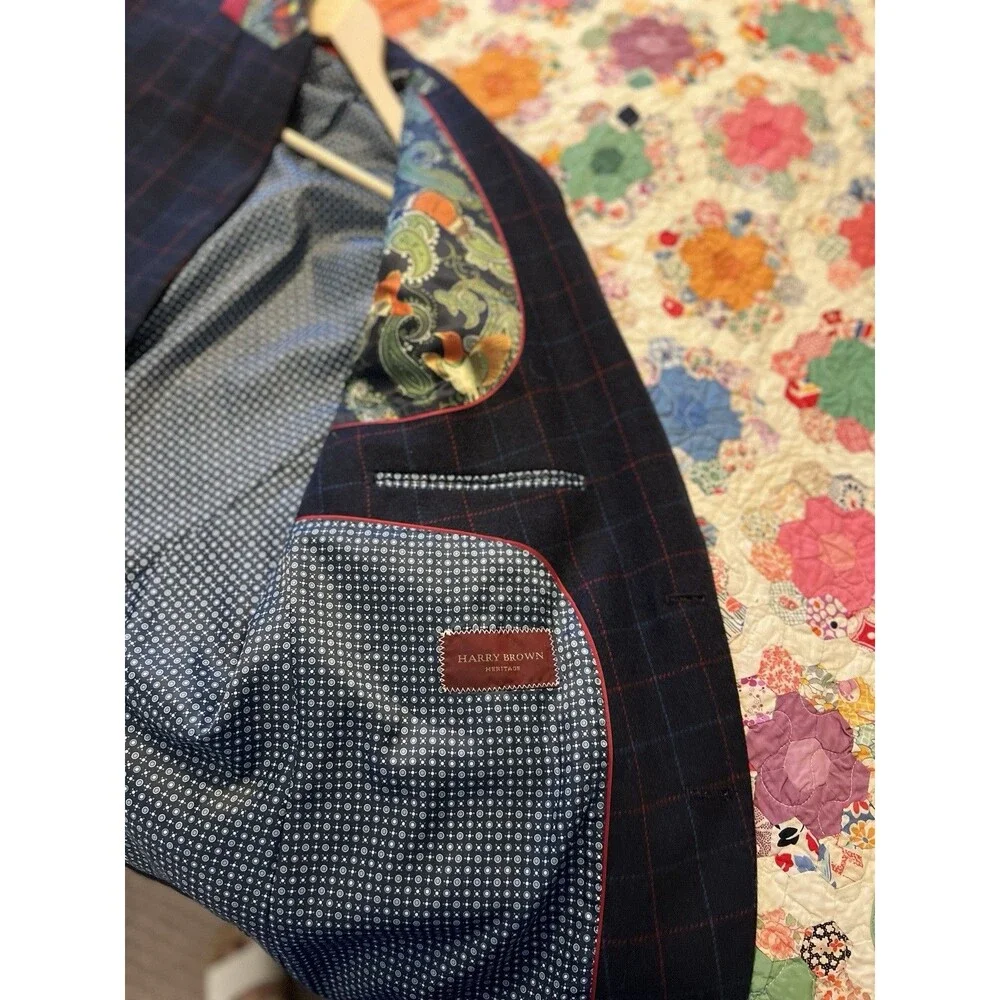 Harry Brown Heritage Blue Plaid Wool Blend Blazer Sport Coat 48R 2 Button NWOT